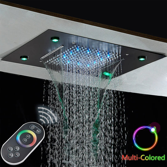 Musta termostaattinen kylpyhuoneen suihkuhanasarja Remote LED Rainfall